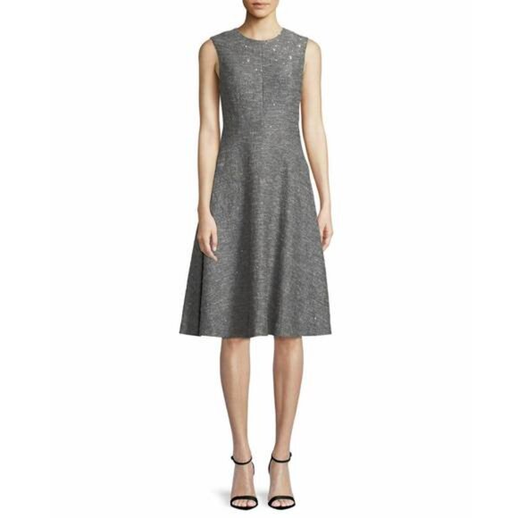 Lela Rose Grey Sequin Sleeveless Seamed Fit & Flare Twill Midi Dress SZ 14 - Picture 1 of 6